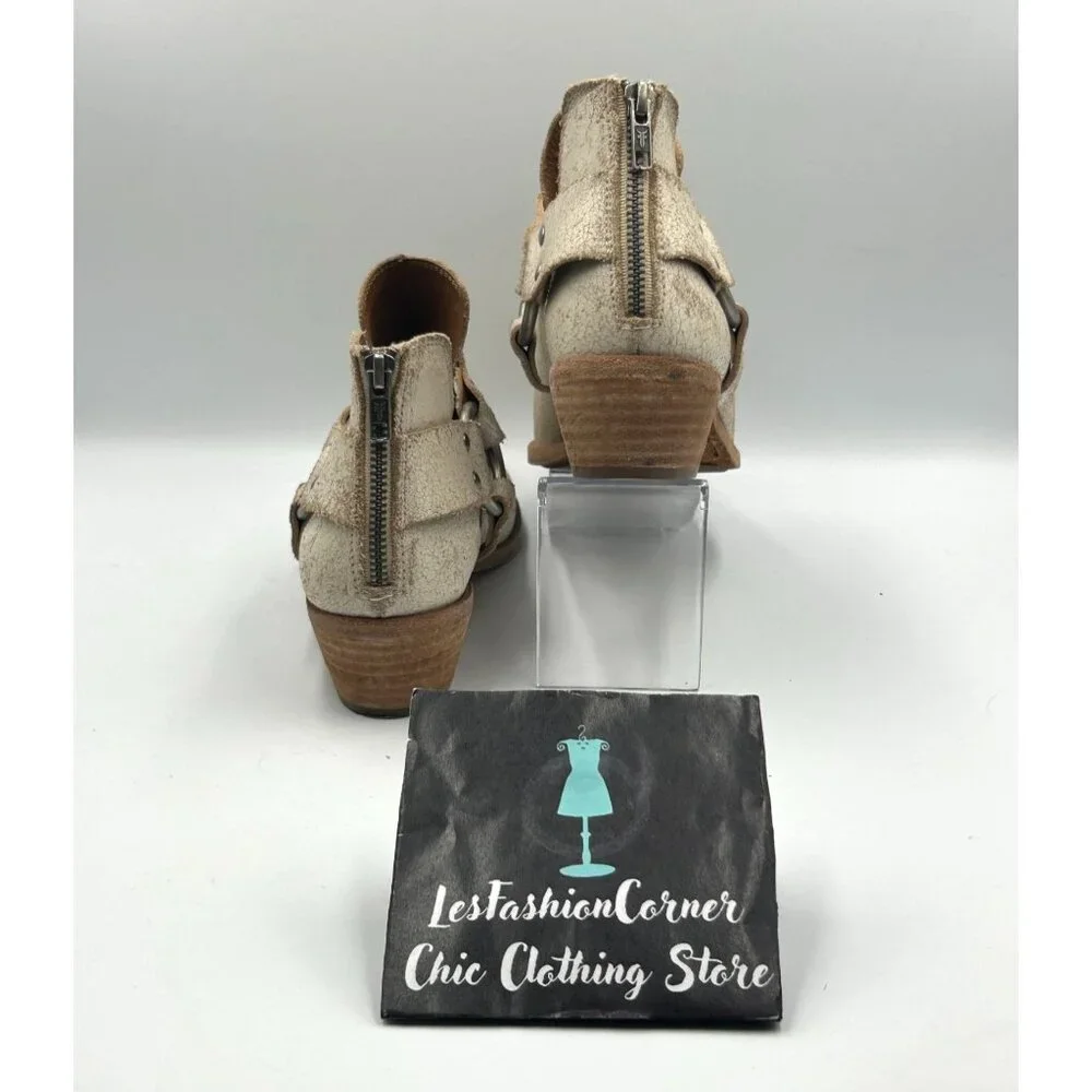 Frye Women Distressed Beige Leather Ray Harness Western Ankle Boots Sz 9.5 3255 - Picture 4 of 16